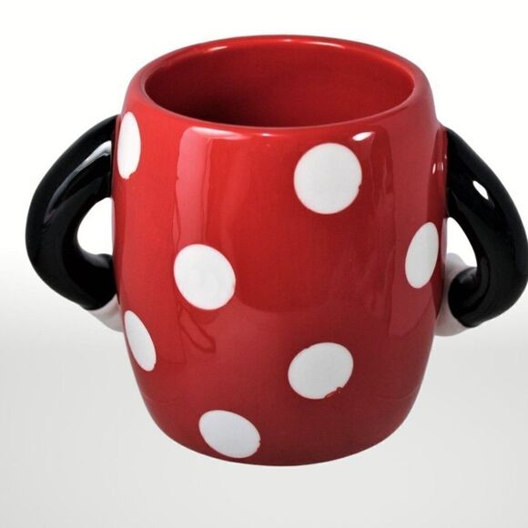 Mickey Mouse Mug Coffee Cup Disney Polka Dot Double Arms/Handle Red Black 16oz. - Picture 3 of 7